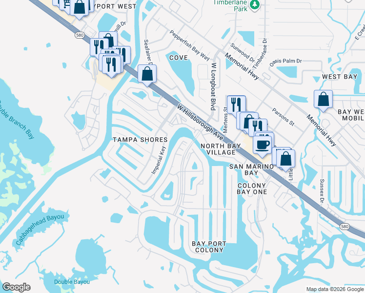 map of restaurants, bars, coffee shops, grocery stores, and more near 5718 Baywater Drive in Tampa