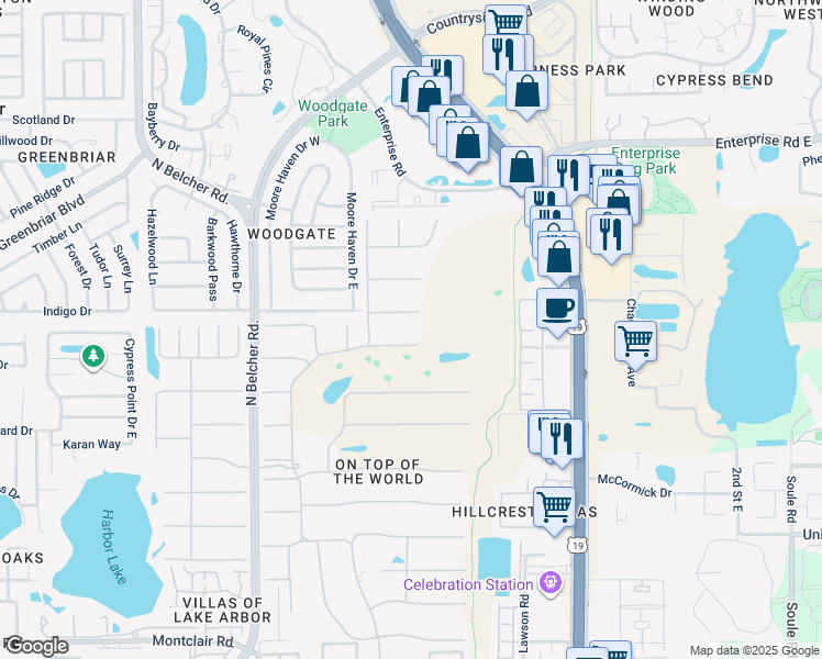 map of restaurants, bars, coffee shops, grocery stores, and more near 2440 World Parkway Boulevard in Clearwater