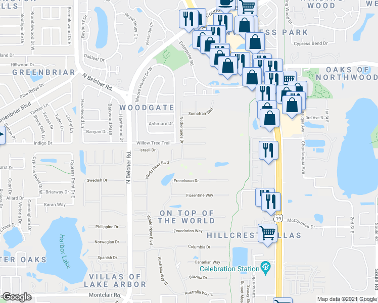 map of restaurants, bars, coffee shops, grocery stores, and more near 2427 Rhodesian Drive in Clearwater