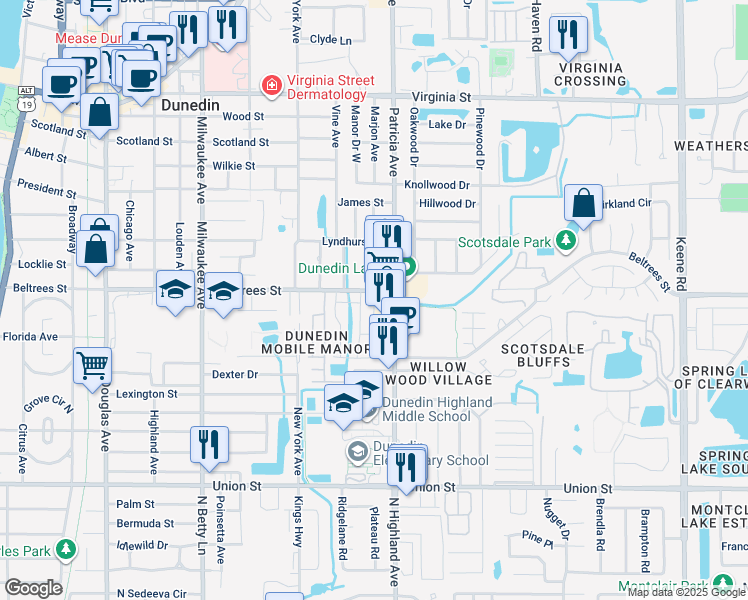 map of restaurants, bars, coffee shops, grocery stores, and more near 886 Beltrees Street in Dunedin