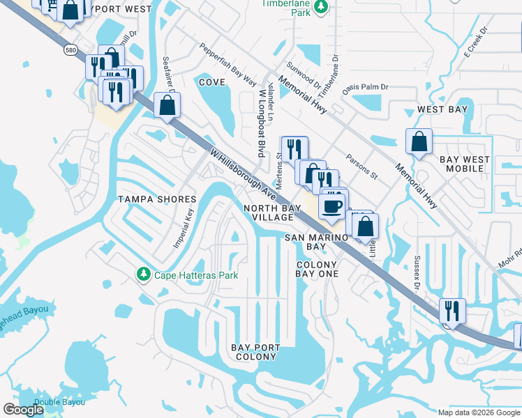 map of restaurants, bars, coffee shops, grocery stores, and more near 6340 Newtown Circle in Tampa