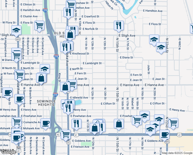 map of restaurants, bars, coffee shops, grocery stores, and more near 1206 East Jean Street in Tampa