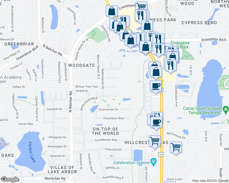 map of restaurants, bars, coffee shops, grocery stores, and more near 2440 World Parkway Boulevard in Clearwater