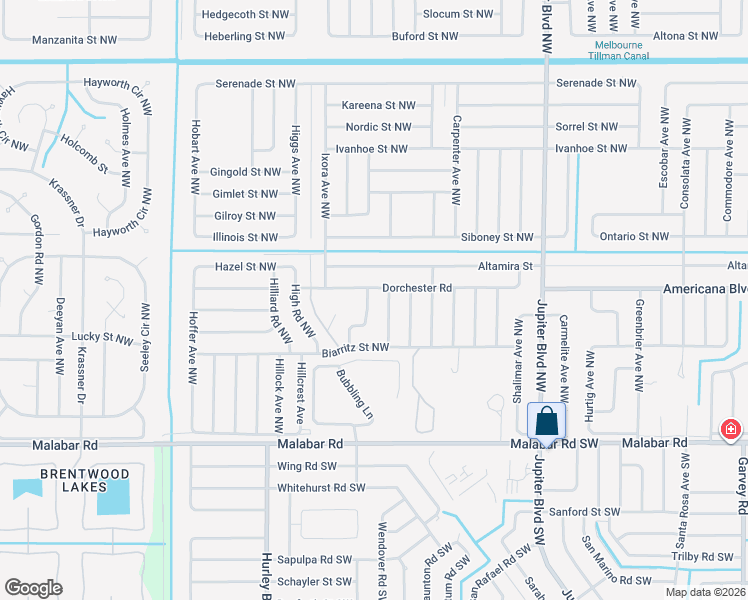 map of restaurants, bars, coffee shops, grocery stores, and more near 1151 Dorchester Road in Palm Bay