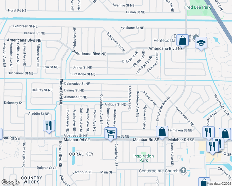 map of restaurants, bars, coffee shops, grocery stores, and more near 659 Binney Street Northeast in Palm Bay
