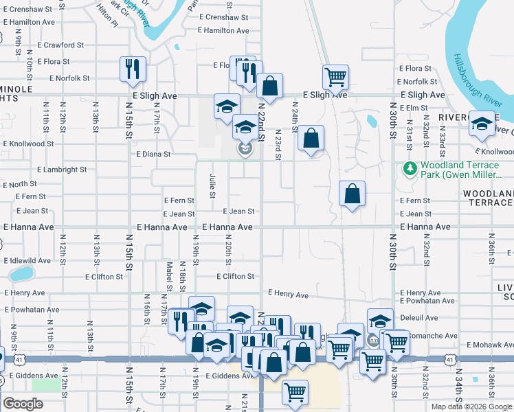map of restaurants, bars, coffee shops, grocery stores, and more near 6314 North 22nd Street in Tampa