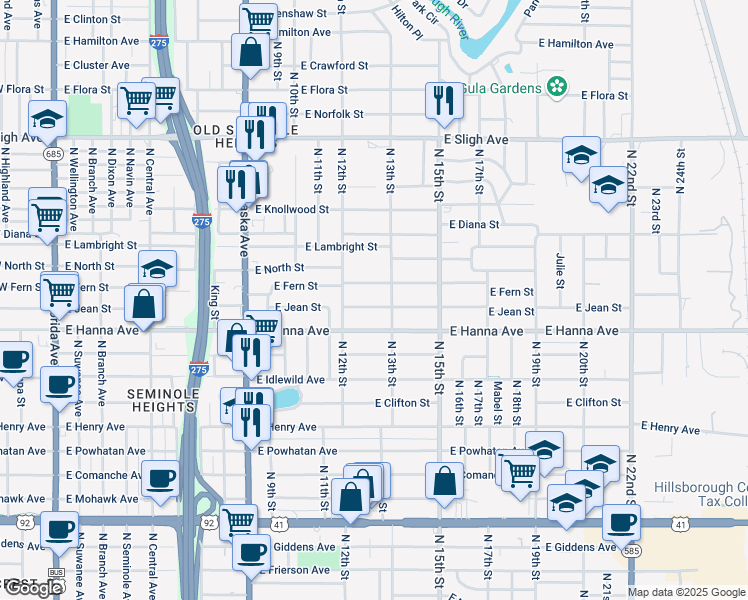 map of restaurants, bars, coffee shops, grocery stores, and more near 1215 East North Street in Tampa