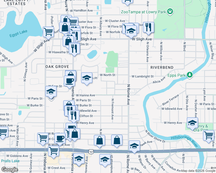 map of restaurants, bars, coffee shops, grocery stores, and more near 1910 West Fern Street in Tampa
