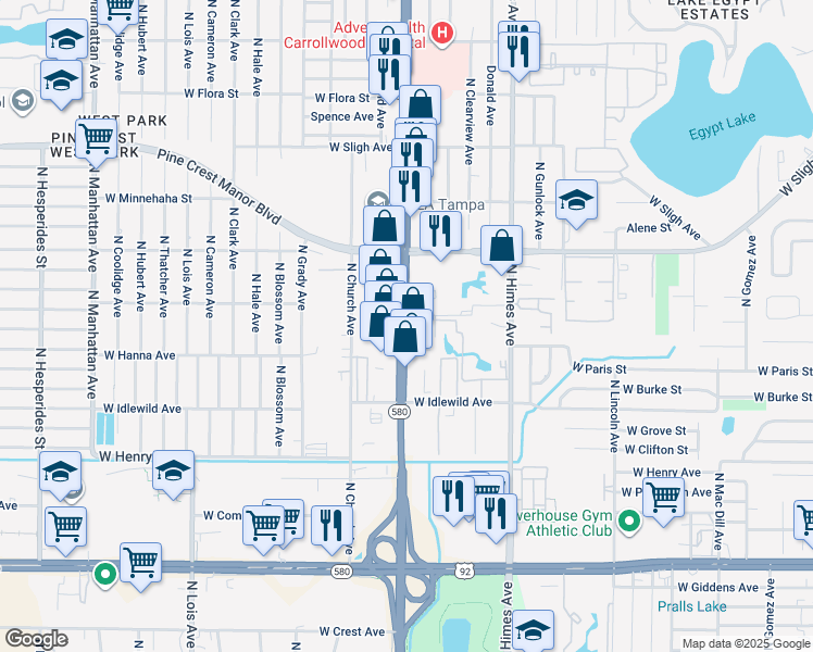 map of restaurants, bars, coffee shops, grocery stores, and more near 3741 Fountain Mist Drive in Tampa