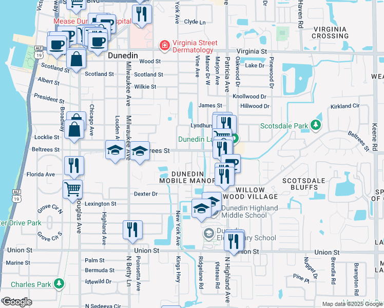 map of restaurants, bars, coffee shops, grocery stores, and more near 810 Beltrees Street in Dunedin