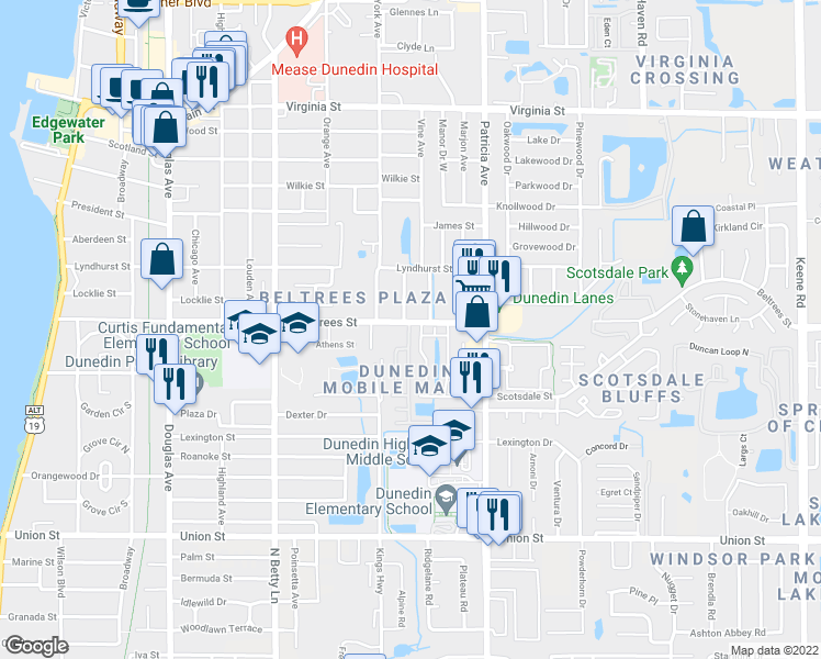 map of restaurants, bars, coffee shops, grocery stores, and more near 810 Beltrees Street in Dunedin
