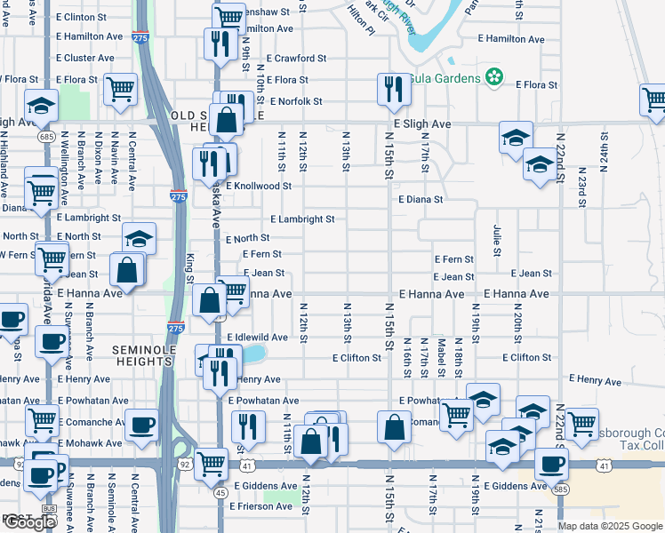 map of restaurants, bars, coffee shops, grocery stores, and more near 1215 East North Street in Tampa