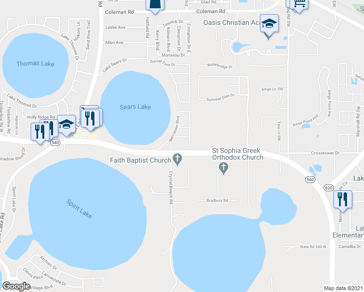 map of restaurants, bars, coffee shops, grocery stores, and more near 961 Buccaneer Boulevard in Winter Haven