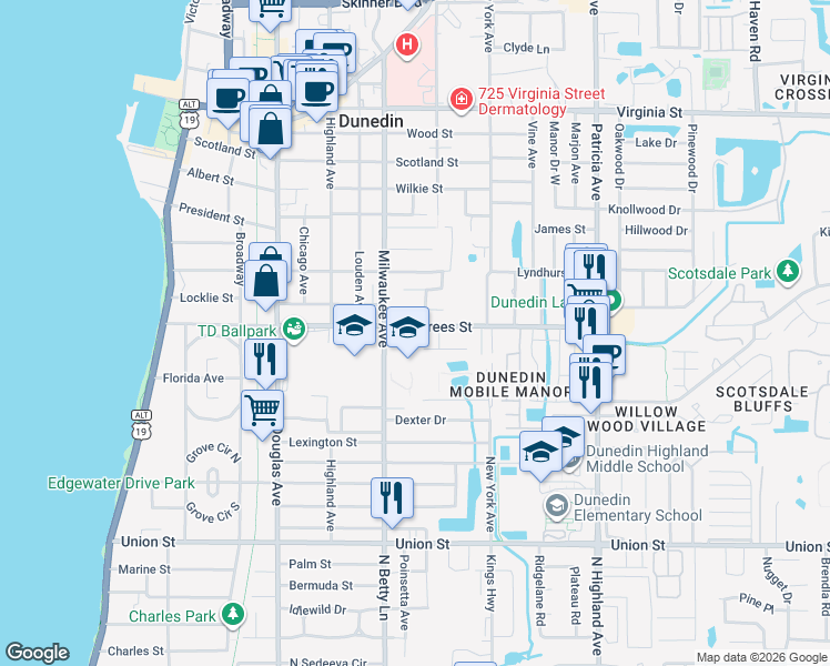 map of restaurants, bars, coffee shops, grocery stores, and more near 637 Beltrees Street in Dunedin