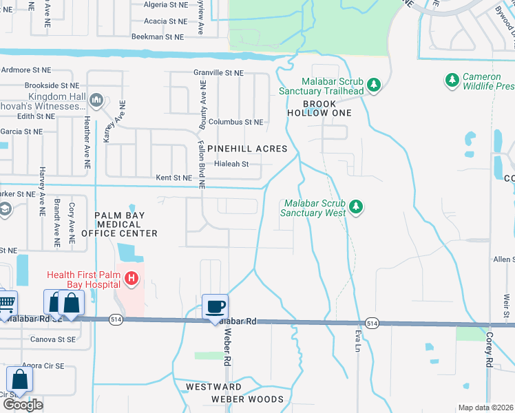 map of restaurants, bars, coffee shops, grocery stores, and more near 2294 Ladner Road Northeast in Palm Bay