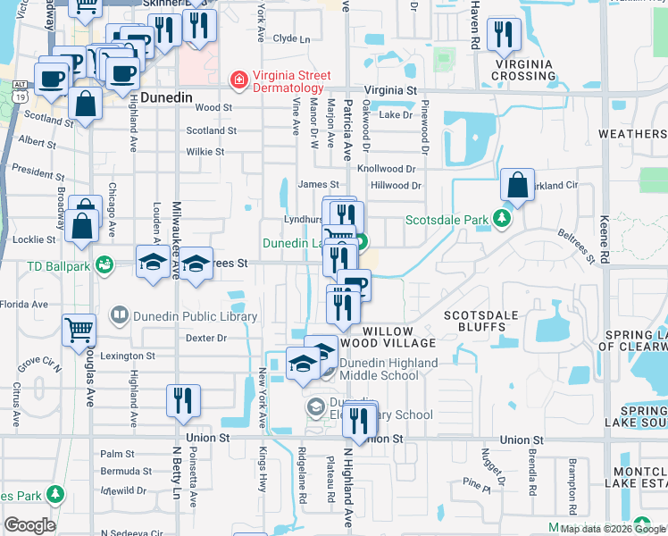 map of restaurants, bars, coffee shops, grocery stores, and more near 886 Beltrees Street in Dunedin