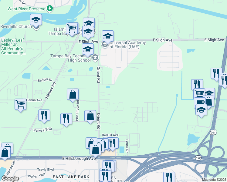 map of restaurants, bars, coffee shops, grocery stores, and more near 6207 Orient Road in Tampa