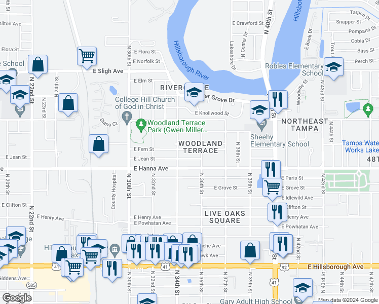 map of restaurants, bars, coffee shops, grocery stores, and more near 3409 East Fern Street in Tampa
