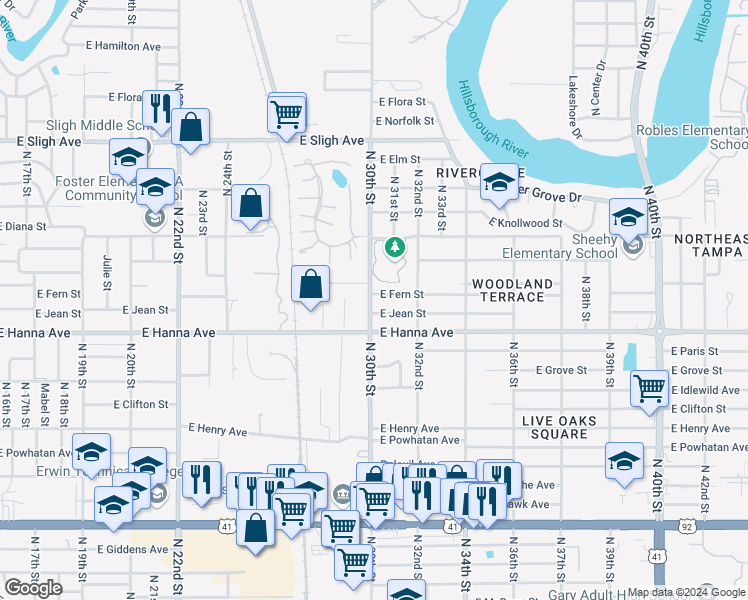 map of restaurants, bars, coffee shops, grocery stores, and more near 3001 East Fern Street in Tampa