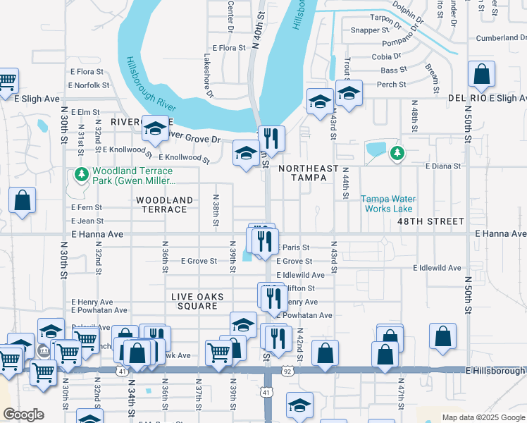 map of restaurants, bars, coffee shops, grocery stores, and more near 3917 East Fern Street in Tampa
