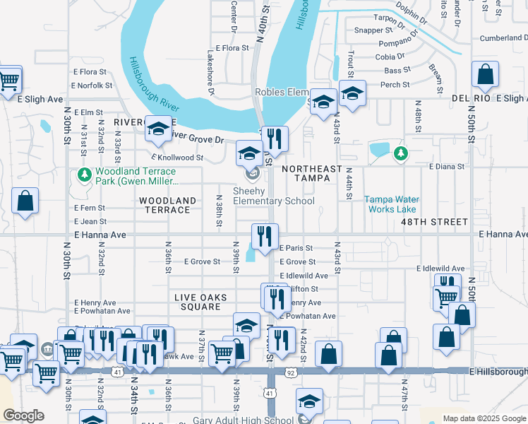 map of restaurants, bars, coffee shops, grocery stores, and more near 3917 East Fern Street in Tampa