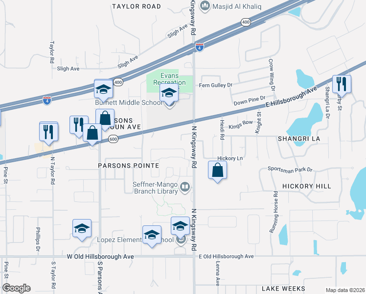 map of restaurants, bars, coffee shops, grocery stores, and more near 904 North Kingsway Road in Seffner