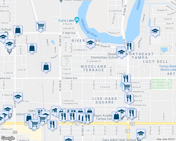 map of restaurants, bars, coffee shops, grocery stores, and more near 3404 East Fern Street in Tampa