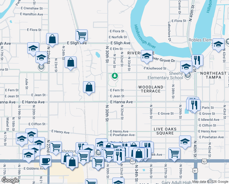 map of restaurants, bars, coffee shops, grocery stores, and more near 3014 East Fern Street in Tampa
