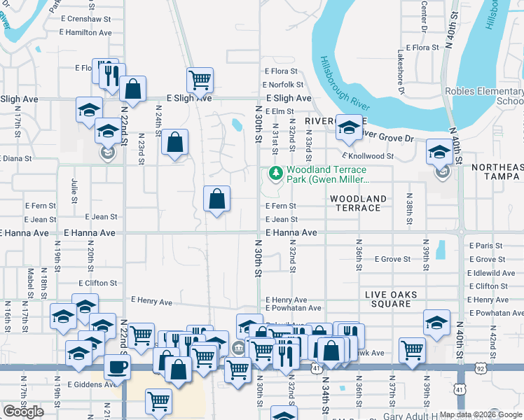 map of restaurants, bars, coffee shops, grocery stores, and more near 6312 North 30th Street in Tampa