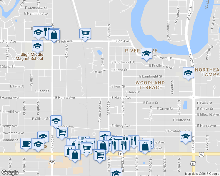 map of restaurants, bars, coffee shops, grocery stores, and more near 6312 North 30th Street in Tampa