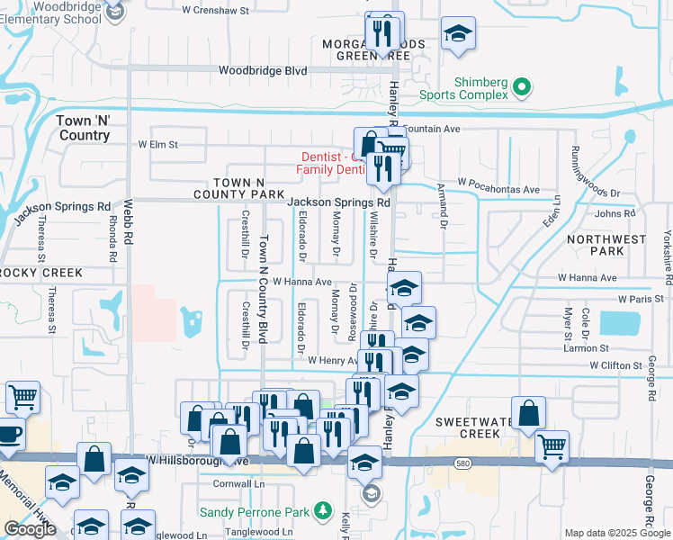map of restaurants, bars, coffee shops, grocery stores, and more near 6401 Ambassador Drive in Tampa