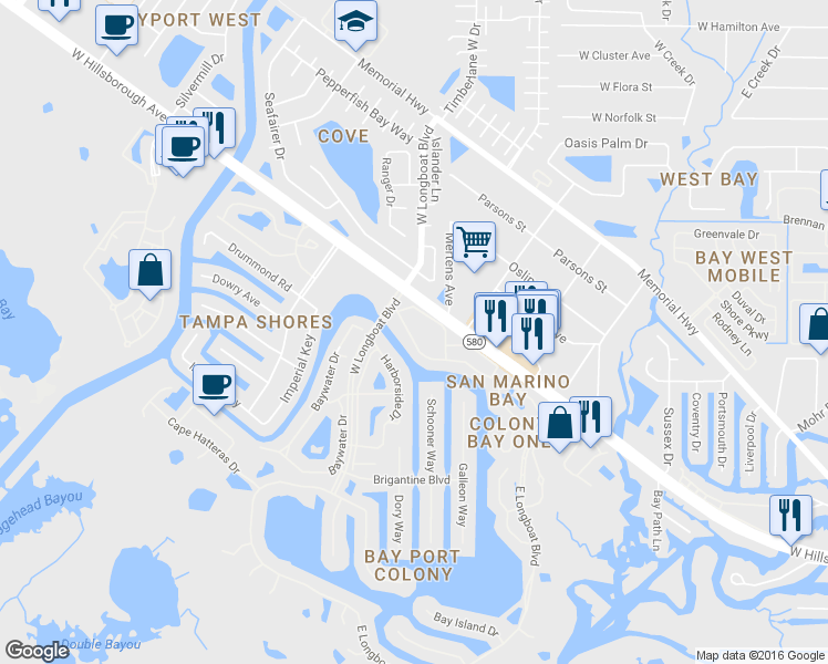 map of restaurants, bars, coffee shops, grocery stores, and more near 6340 Newtown Circle in Tampa