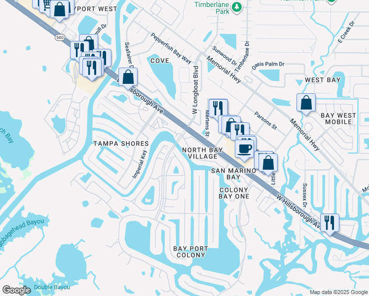 map of restaurants, bars, coffee shops, grocery stores, and more near 6301 Newtown Circle in Tampa