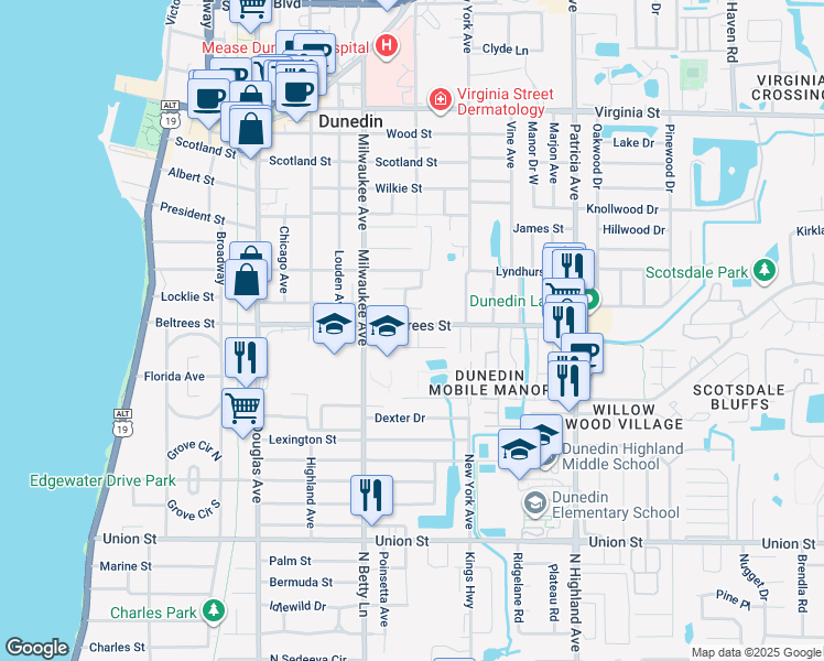 map of restaurants, bars, coffee shops, grocery stores, and more near 401 Live Oak Lane in Dunedin