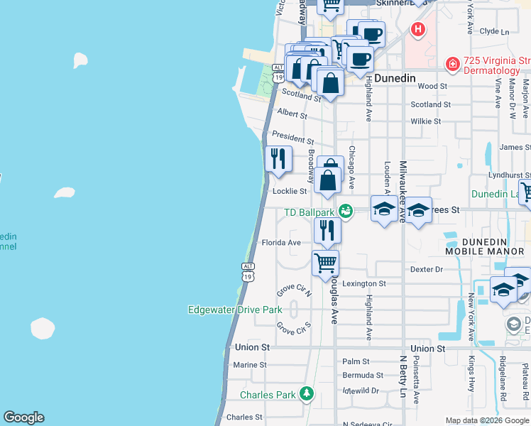 map of restaurants, bars, coffee shops, grocery stores, and more near 405 Edgewater Drive in Dunedin