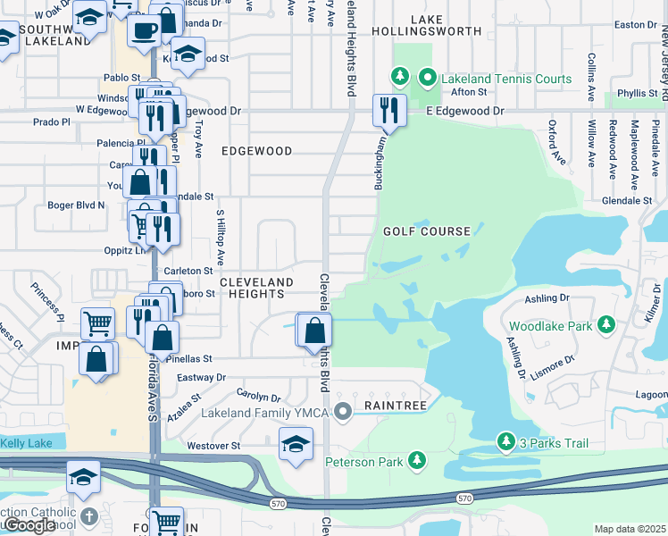map of restaurants, bars, coffee shops, grocery stores, and more near 3224 Cleveland Heights Boulevard in Lakeland