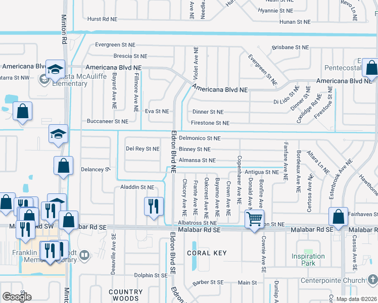 map of restaurants, bars, coffee shops, grocery stores, and more near 420 Binney Street Northeast in Palm Bay