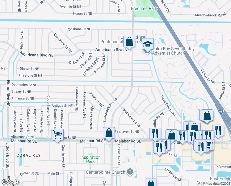 map of restaurants, bars, coffee shops, grocery stores, and more near 325 El Rancho Terrace Northeast in Palm Bay