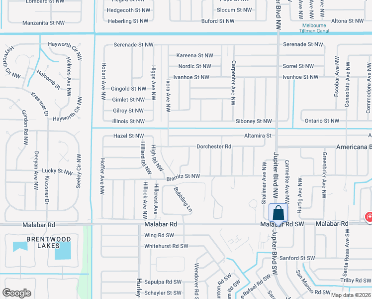 map of restaurants, bars, coffee shops, grocery stores, and more near 1151 Dorchester Road in Palm Bay