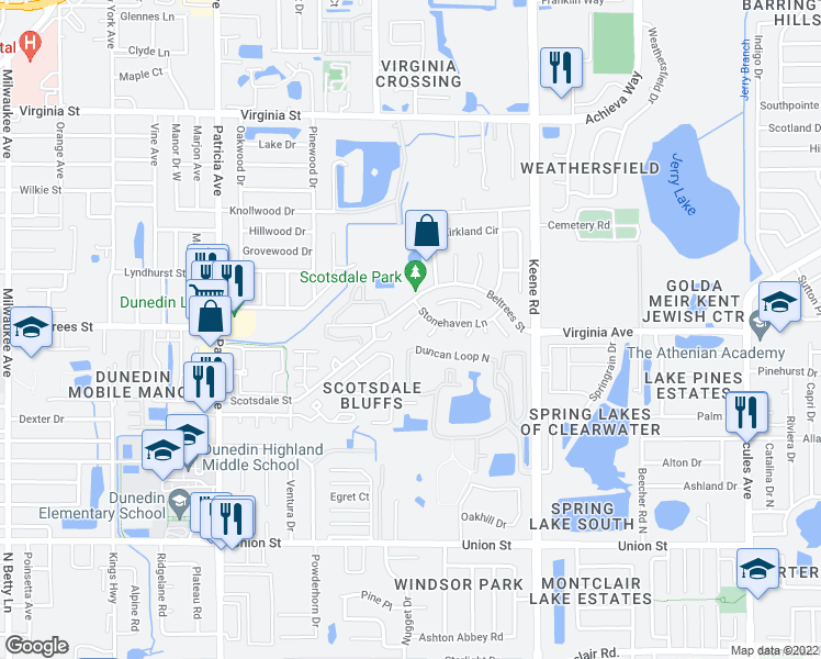 map of restaurants, bars, coffee shops, grocery stores, and more near 1251 Sutherland Court in Dunedin