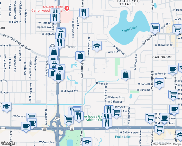 map of restaurants, bars, coffee shops, grocery stores, and more near 3416 Sunrise Villas Court South in Tampa
