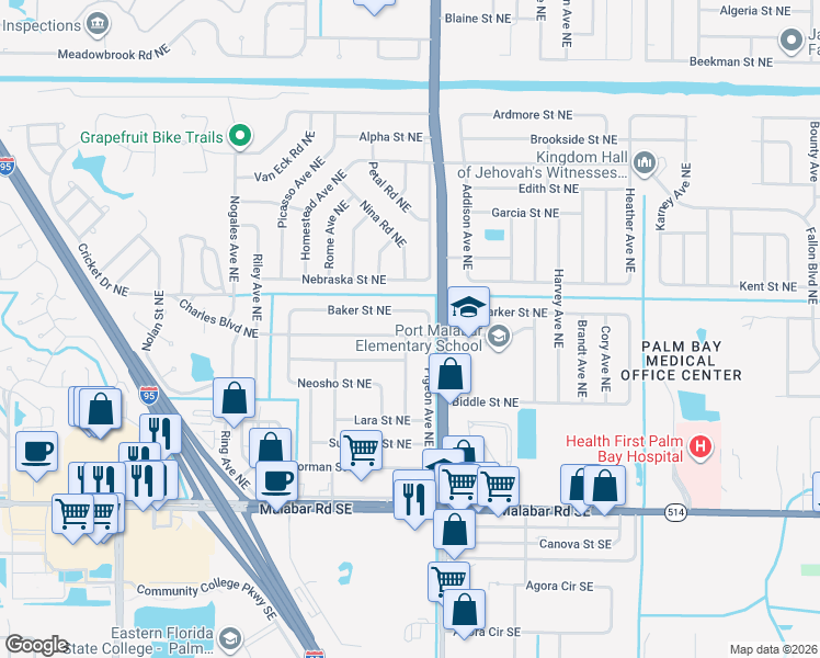 map of restaurants, bars, coffee shops, grocery stores, and more near 1681 Charles Boulevard Northeast in Palm Bay