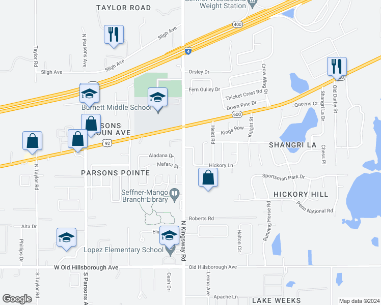 map of restaurants, bars, coffee shops, grocery stores, and more near 810 Walnut Drive in Seffner