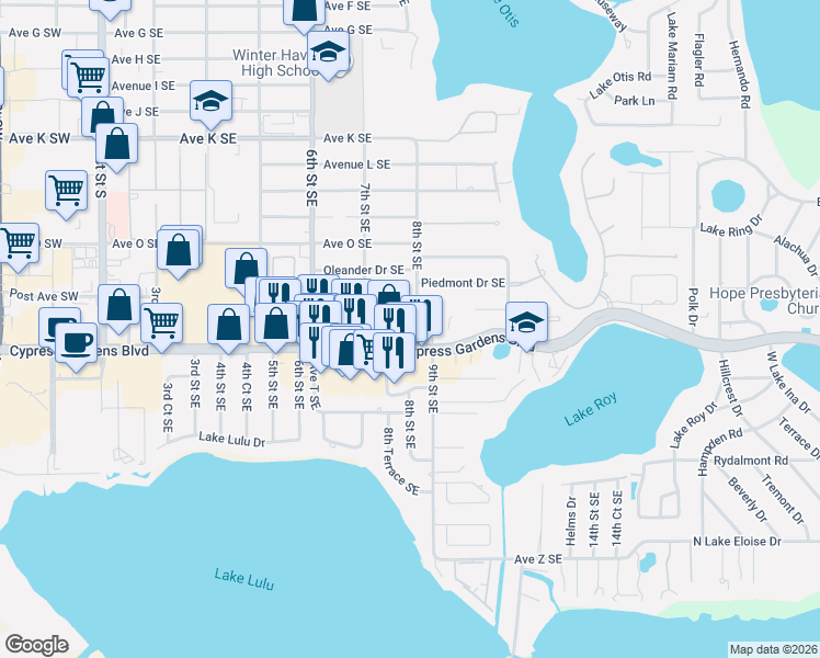 map of restaurants, bars, coffee shops, grocery stores, and more near 1800 8th Street Southeast in Winter Haven