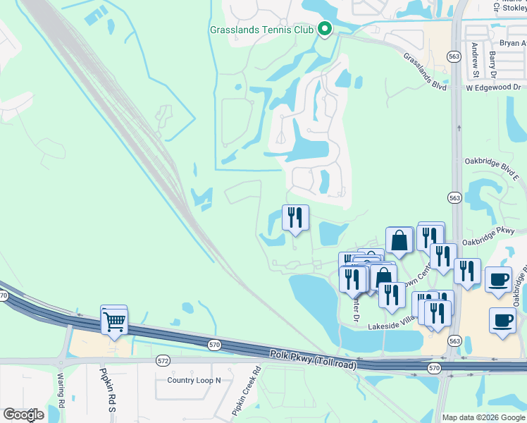 map of restaurants, bars, coffee shops, grocery stores, and more near 3495 Turnberry Drive in Lakeland