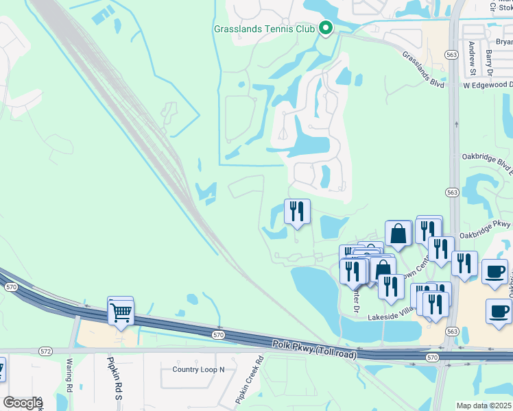 map of restaurants, bars, coffee shops, grocery stores, and more near 3495 Turnberry Drive in Lakeland