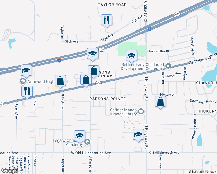 map of restaurants, bars, coffee shops, grocery stores, and more near 413 Pine Pointe Court in Seffner