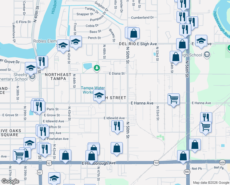 map of restaurants, bars, coffee shops, grocery stores, and more near 6222 North 49th Street in Tampa