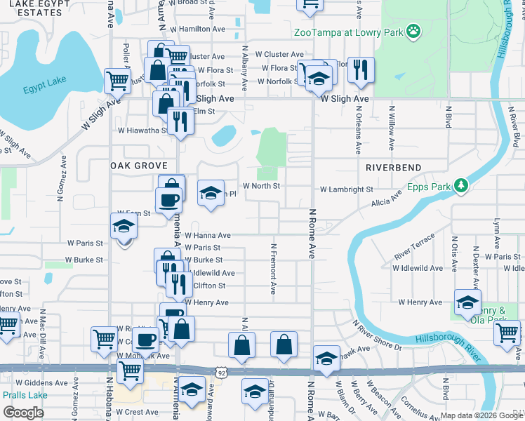 map of restaurants, bars, coffee shops, grocery stores, and more near 1910 West Fern Street in Tampa