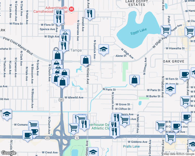 map of restaurants, bars, coffee shops, grocery stores, and more near 3416 Sunrise Villas Court South in Tampa